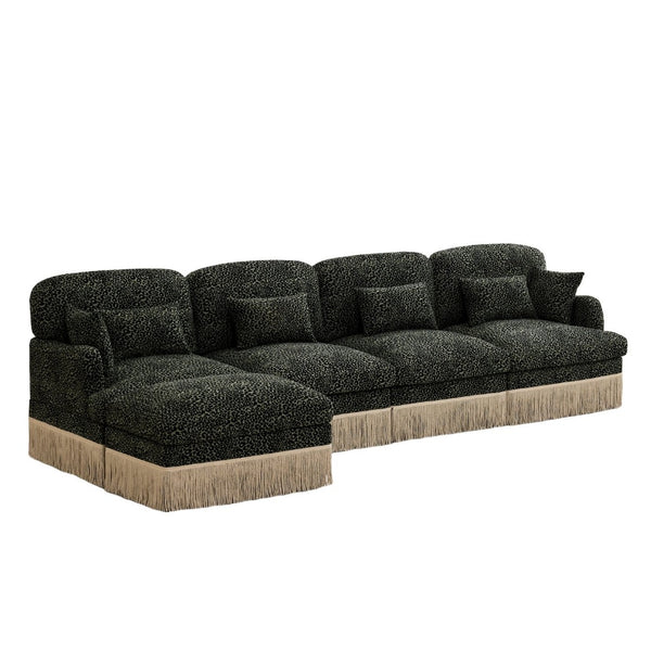 English Elm 131"comfy Chenille Leopard Print Sectional Sofa with Tassel Trim and Movable Ottoman Green W5656S00035