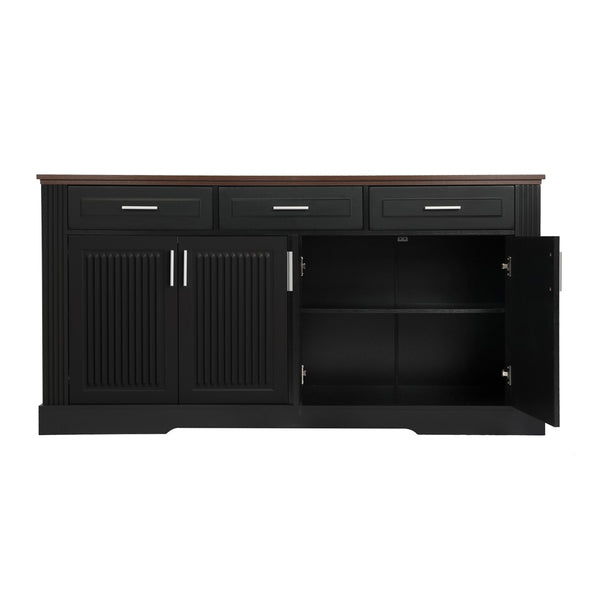 English Elm 63" Fluted Mdf Sideboard with Wood Tone Top Four Doors Three Drawers Dining Storage Black W2917S00010