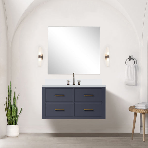 English Elm Blue Elegant Single Bath Vanity Set With White Quartz Countertop, Soft-Close Doors & Frameless Mirror B2731S01435