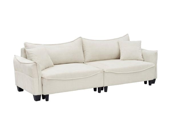 English Elm Sofa Beige Corduroy 3-Seater Convertible Sofa Bed with Two Pillows, Solid Wood Frame, 500lb Capacity W1278S00039