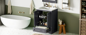 English Elm 24'' Bathroom Vanity with Ceramic Sink Combo Modern Freestanding MDF Cabinet with Soft-Close Doors and Sleek Silver Handles for Spacious Organized Bathroom Storage Blue Gray N710P194893C