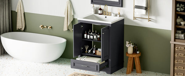 English Elm 24'' Bathroom Vanity with Ceramic Sink Combo Modern Freestanding MDF Cabinet with Soft-Close Doors and Sleek Silver Handles for Spacious Organized Bathroom Storage Blue Gray N710P194893C