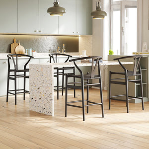 English Elm Wishbone Rattan Barstool with Woven Papercord Seat, Solid Ash Wood, Eco-Friendly Finish, Fully Assembled Black T3623P379811