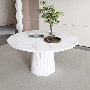 English Elm 47 Inch Round Marble Veneer Mdf Dining Table Seats Four with Slim Wood Strip Base White W2700P404636