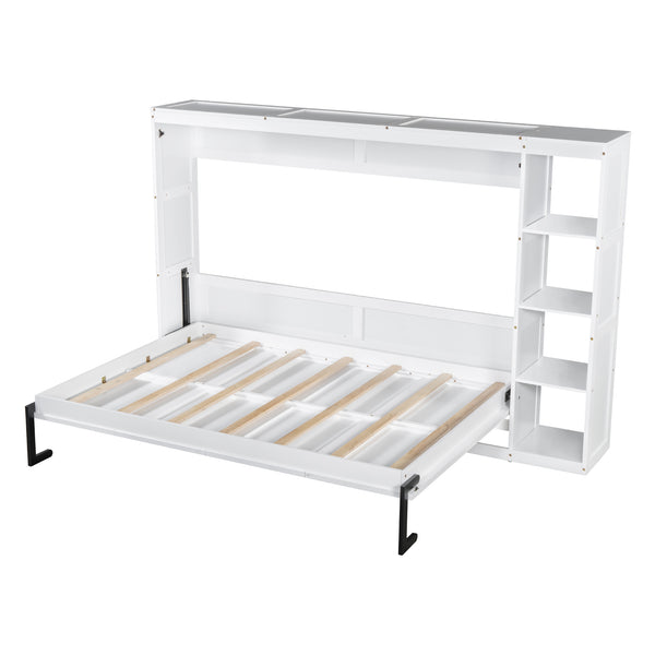 English Elm Full Full Size Murphy Bed with Bookshelf and Fold-Down Work Surface, Space-Saving LVL/MDF Design White GX002220AAK