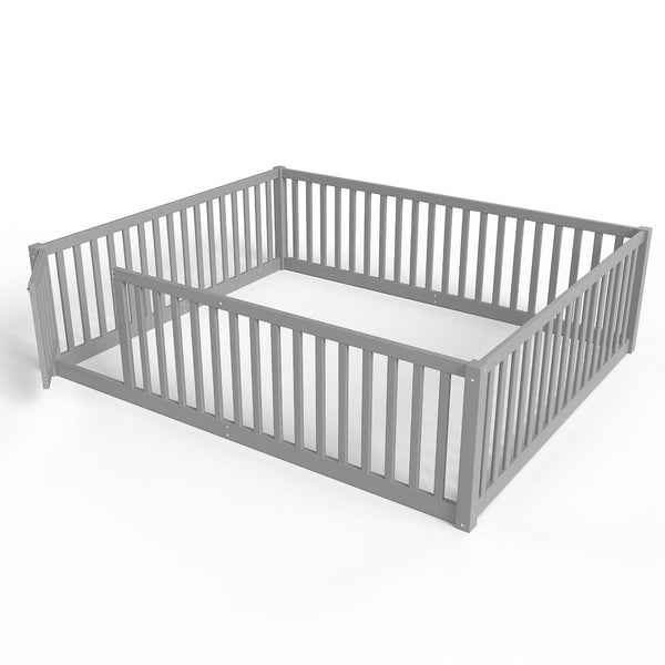 English Elm Queen Kids Floor Bed Pine Wood Frame with Safety Rails Door and Low Profile Design Gray W1580P418053