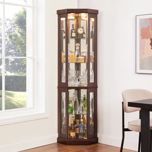 English Elm Corner Curio Cabinet Lighted Glass Display Case with Mirrored Back for Living Room W2275P194428