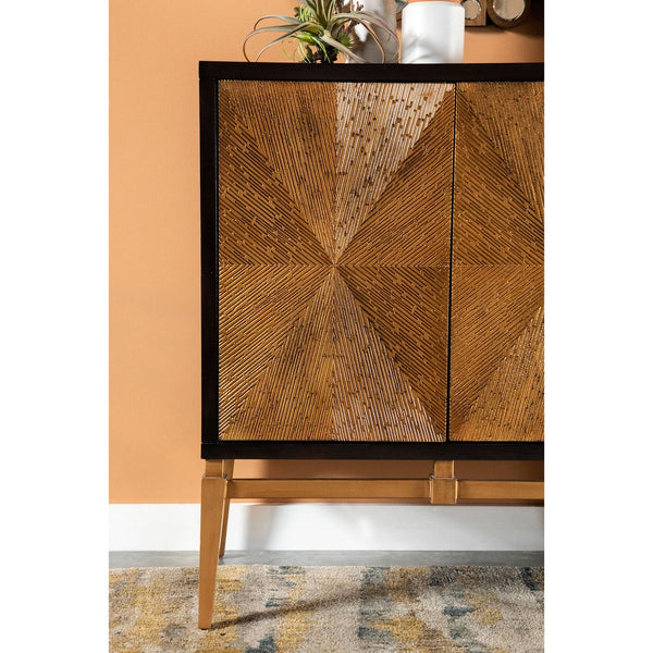 English Elm Capri Brown & Antique Gold Two-Tone 4-Door Accent Cabinet — Elegant Storage, Spacious Concealed Design B062P328616
