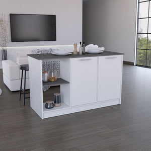 English Elm Kitchen Island With Ample Counter Space, Open Shelves & Double-Door Storage, Stylish White/Onyx B097S00157
