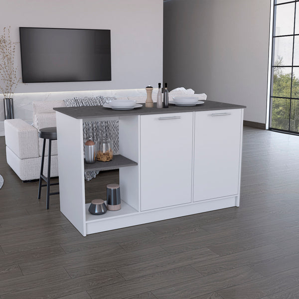 English Elm Kitchen Island With Ample Counter Space, Open Shelves & Double-Door Storage, Stylish White/Onyx B097S00157