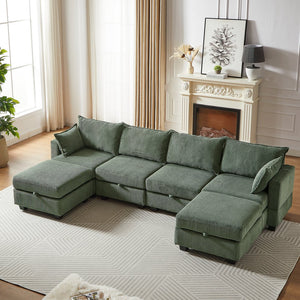 English Elm 113.5'' Modular Sectional Sofa with Storage Ottoman, Convertible U or L Shape Sleeper for 6 Seats Green W834S00251