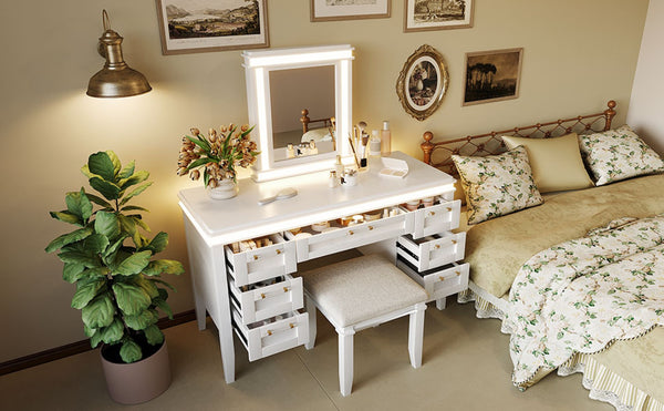 English Elm 48" Makeup Vanity Desk with Led Mirror Bamboo Weave Drawers Cushioned Stool Bedroom Light Beige N704P337484K
