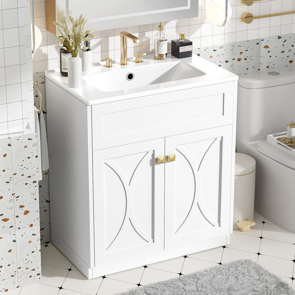 English Elm 30'' Bathroom Vanity With Ceramic Sink Combo - Modern Freestanding Cabinet, Gold Handles & Soft-Close Doors N710P194898K