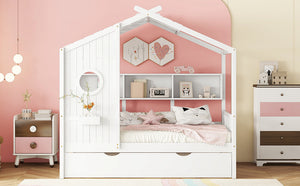 English Elm Wooden Twin House Bed with Trundle and 3 Back Shelves, Pine Frame Playful Loft Design for Kids White 41.7 L x 16.25 W x 6 H N733S316110K