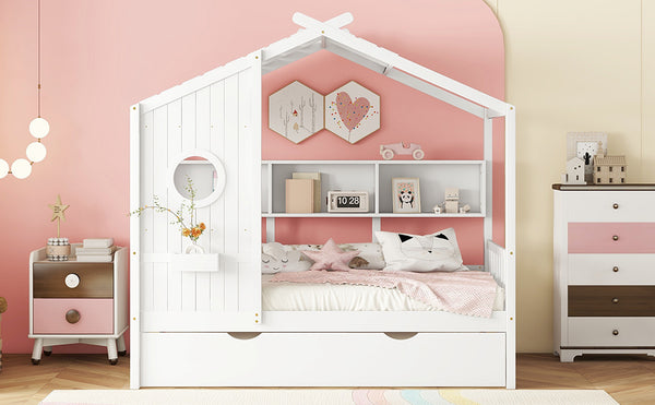 English Elm Wooden Twin House Bed with Trundle and 3 Back Shelves, Pine Frame Playful Loft Design for Kids White 41.7 L x 16.25 W x 6 H N733S316110K
