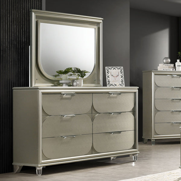 English Elm Contemporary Glam Acrylic-Handled 6-Drawer Dresser with Embossed Panels, Felt-Lined Jewelry Drawer Silver 66 L x 21 W x 40 H B2741P351980