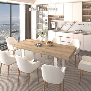 English Elm Extendable Faux Marble Dining Table with V-Legs — Sleek Expandable Conference & Kitchen Centerpiece for 6–10 White+Oak W1347S00005