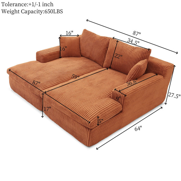 English Elm 87" Oversized Sectional Double Lounge Chaise Cloud Plush Sofa Bed No Assembly Modular Corduroy Comfortable Relaxing Sleeper for Indoor Spaces Orange W1117S00257