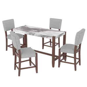 English Elm 5-Piece Counter Height Dining Set with Faux Marble Top and Upholstered Seats, Mid-Century Pub Charm White+gray N752S000086E
