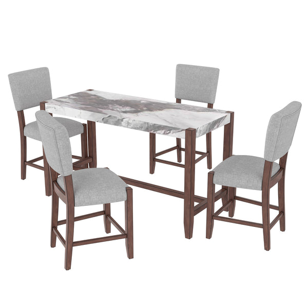 English Elm 5-Piece Counter Height Dining Set with Faux Marble Top and Upholstered Seats, Mid-Century Pub Charm White+gray N752S000086E