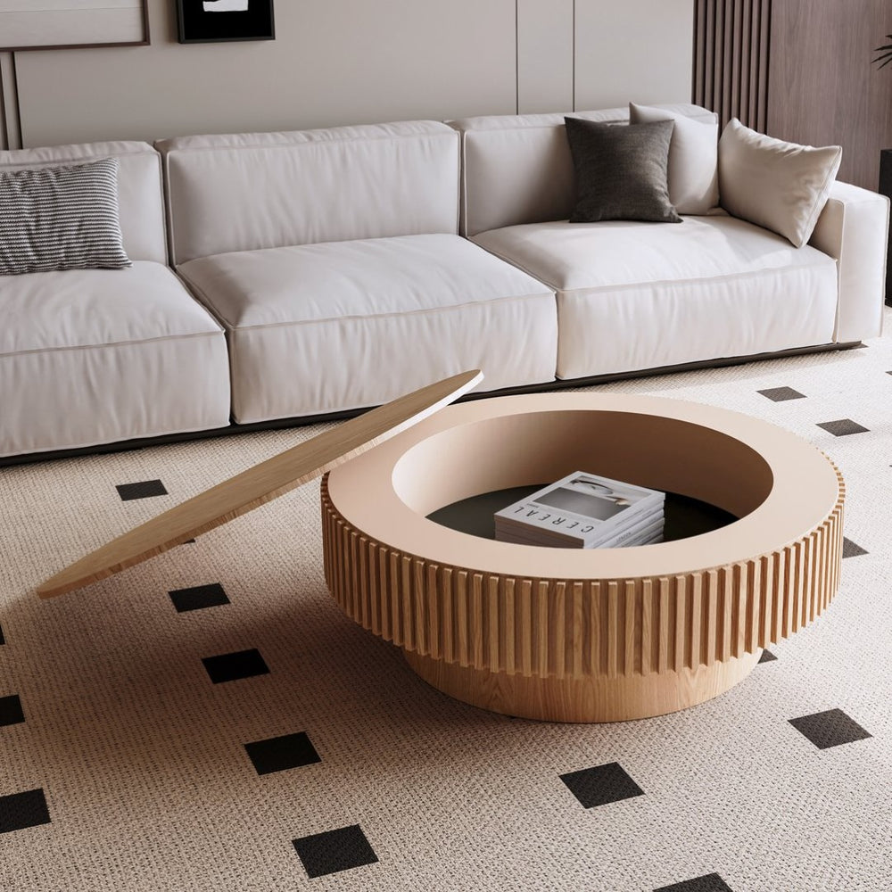 English Elm 39.37'' Round Lift-top Coffee Table Fluted Wood Veneer Hidden Storage Modern Living Room Natural Wood W1435P261923