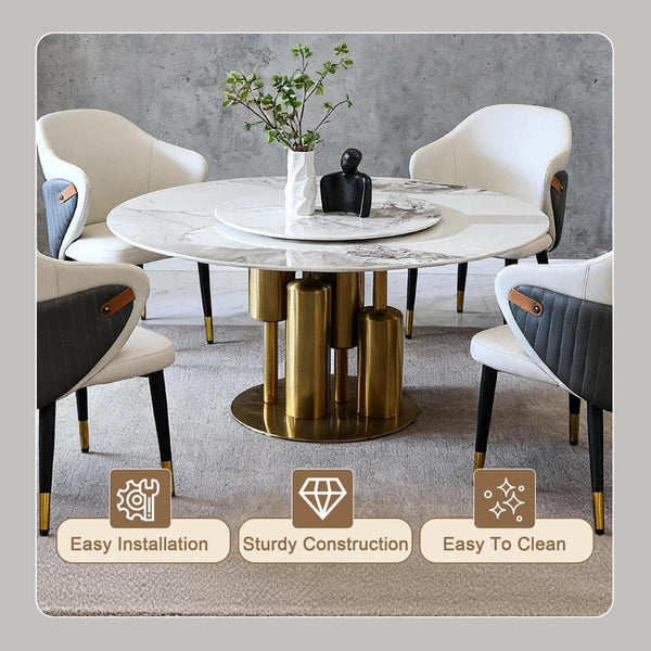 English Elm 59" Round Sintered Stone Dining Table Seats 8 with Built-in Lazy Susan Modern W2699S00096