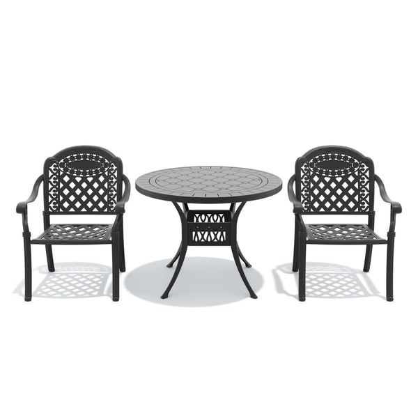 English Elm 3-piece Cast Aluminum Bistro Set Ornate Carved Outdoor Patio Dining with Cushions W1710S00630
