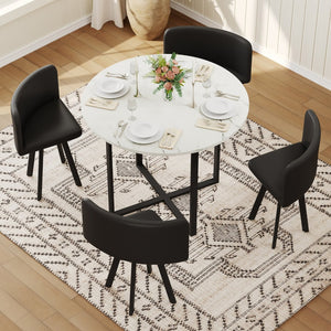 English Elm 5 Piece Round Faux Marble Dining Set with Pu Leather Chairs for Small Apartments Black,White W3875S00086