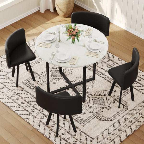 English Elm 5 Piece Round Faux Marble Dining Set with Pu Leather Chairs for Small Apartments Black,White W3875S00086