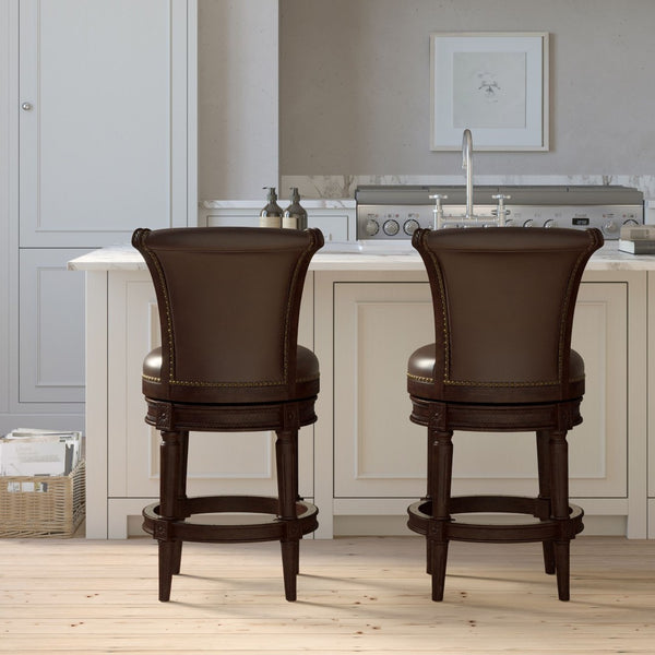 English Elm 26in. Solid Wood High-back Swivel Barstool Faux Leather Seat Nail Head Trim B2751P436428