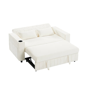 English Elm 61.4" Pull-out Sofa Bed Loveseat with Adjustable 3-Position Backrest, USB Ports, Cup Holders, Storage Rack Beige N719S001900A
