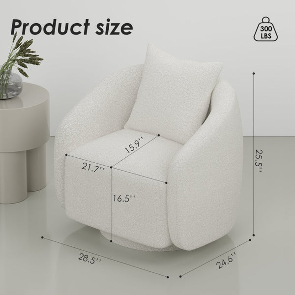 English Elm Swivel Barrel Armchair in Teddy Fabric with Lumbar Pillow and Solid Wood Legs White T3623P430697