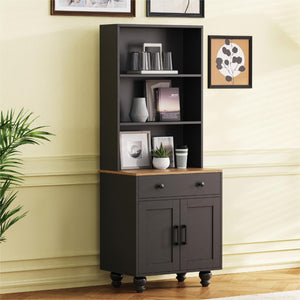 English Elm ON-TREND Farmhouse Storage Cabinet with Gourd Legs, Adjustable Shelves, Anti-Tip Tall Pantry Unit Black+Natural N721P205790B