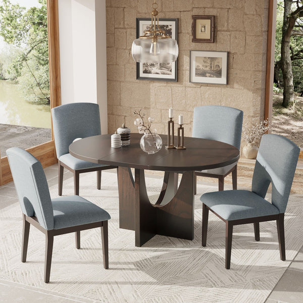English Elm Topmax Extendable Round Dining Set with Linen Chairs and Pedestal Base Seats Five Espresso N717S000062P