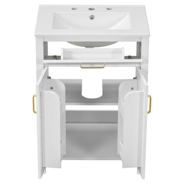 English Elm Modern 48 Inch Freestanding Bathroom Vanity Dual Ceramic Sinks Soft Close Gold Handles White N729P000008K