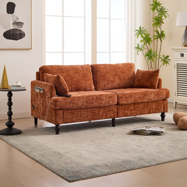 English Elm Modern chenille 2-seater sofa with LED lighting, USB charging, storage pocket, sturdy wood legs Orange W395P318543