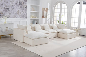 English Elm 129.8" Wide Modular Cloud Sectional Cotton Linen Sofa with Deep Foam Seats and Ottomans Antique White W2530S00016