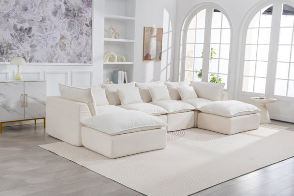 English Elm 129.8" Wide Modular Cloud Sectional Cotton Linen Sofa with Deep Foam Seats and Ottomans Antique White W2530S00016