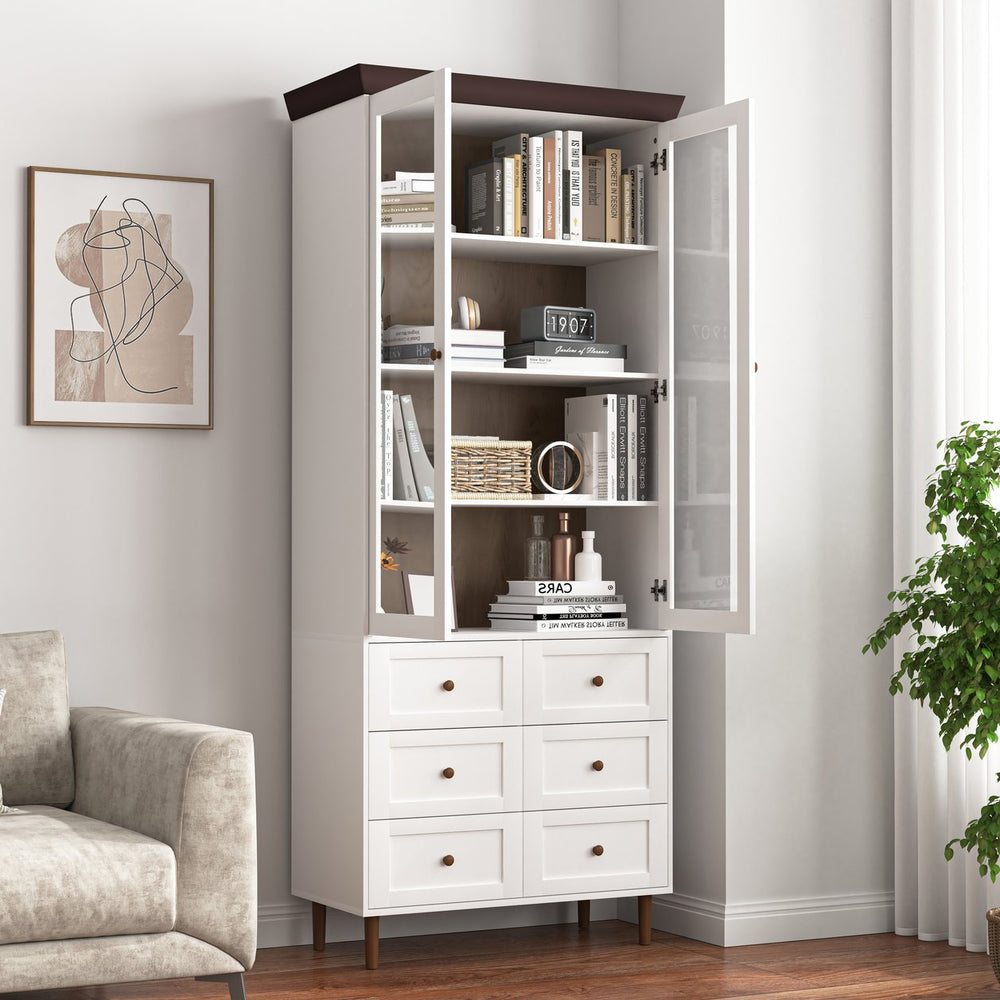 English Elm White MDF Display Storage Cabinet with Glass Doors, Adjustable Shelves, Durable Freestanding Pantry Organizer for Kitchen & Living Room W409P195106