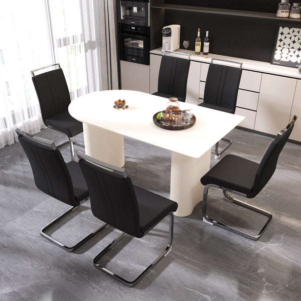 English Elm 63" Cream Mdf Dining Table & 6 Pu Armless Chairs Set - Modern Industrial Style For Home & Kitchen W2189S00433