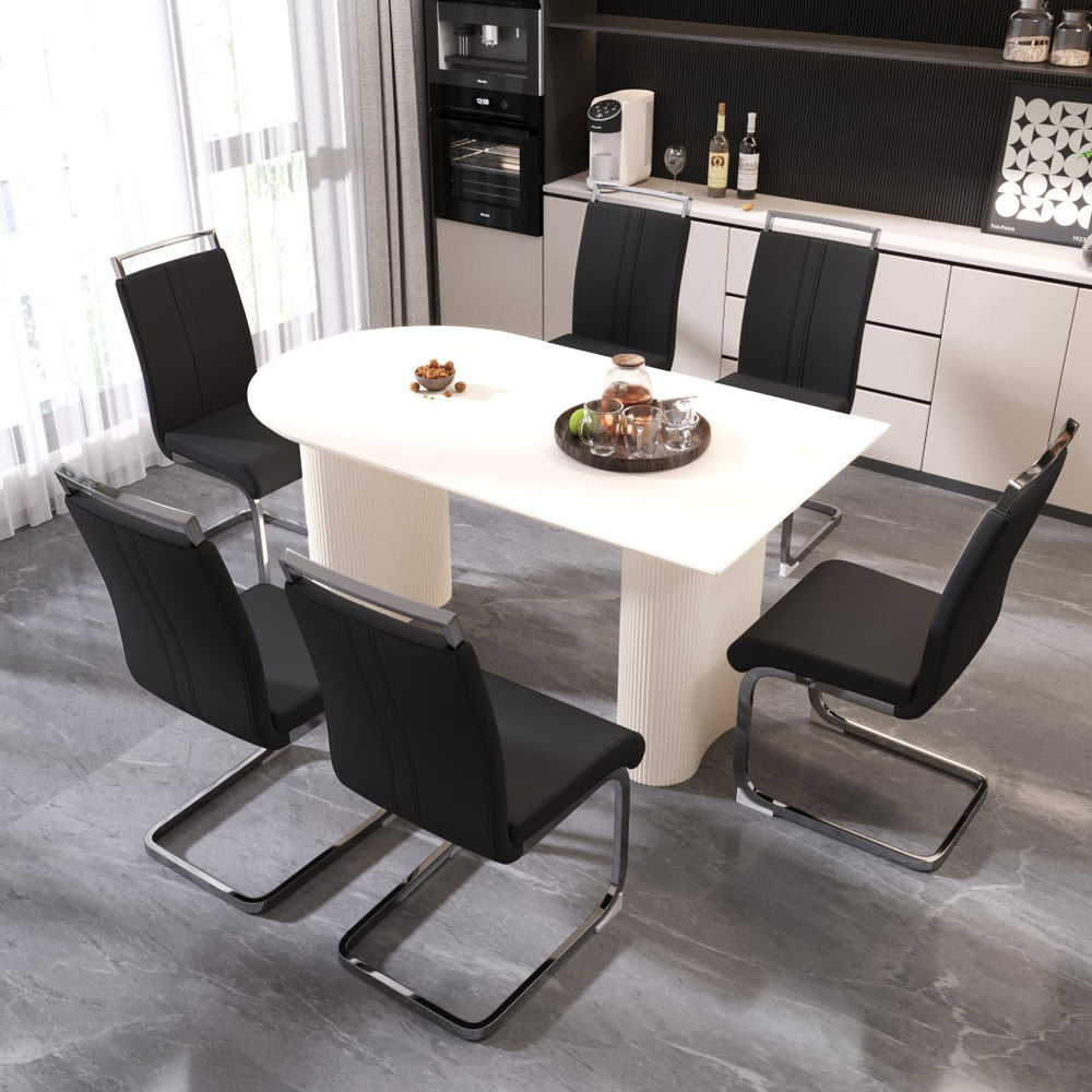 English Elm 63 Inch Cream Mdf Dining Table and Pu Leather Chair Set for Six Modern W2189S00901