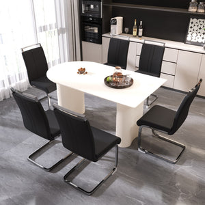 English Elm 63 Inch Cream Mdf Dining Table and Pu Leather Chair Set for Six Modern W2189S00901
