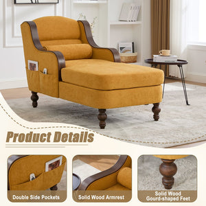 English Elm UNITED Oversized Chaise Lounge Sofa Bed with Solid Wood Arms, High-Resilience Foam, 800lb Capacity and Storage Pockets Mustard yellow W1568S00211