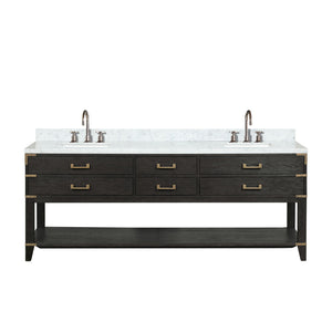English Elm Black Oak Double Bath Vanity 84" W x 22" D with Carrara Marble Top, Chrome Faucets, Soft-Close Storage B2731P261073