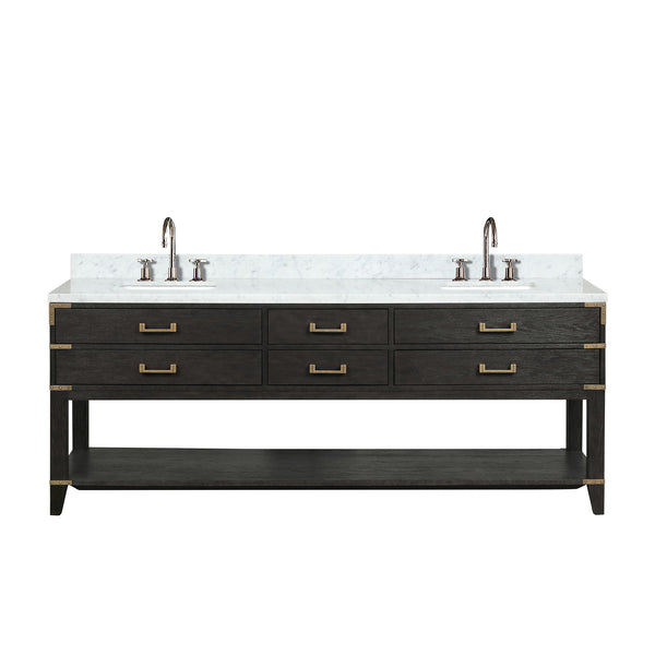 English Elm Black Oak Double Bath Vanity 84" W x 22" D with Carrara Marble Top, Chrome Faucets, Soft-Close Storage B2731P261073
