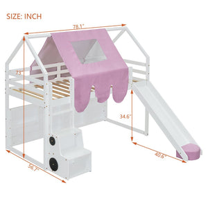 English Elm Twin House Loft Bed with Tent Canopy Slide and Shelves Pinewood Kids Frame White LT000682AAK