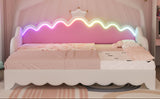 English Elm Twin Extending Daybed With Led Lights, Modern Upholstered Princess Daybed With Crown Headboard,White