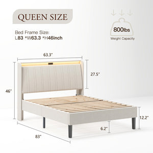 English Elm Queen Platform Bed Upholstered Headboard Wooden Slats Usb Charging Ports Bedroom W2889P272596