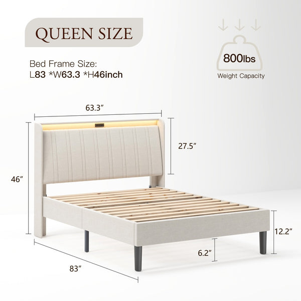 English Elm Queen Platform Bed Upholstered Headboard Wooden Slats Usb Charging Ports Bedroom W2889P272596