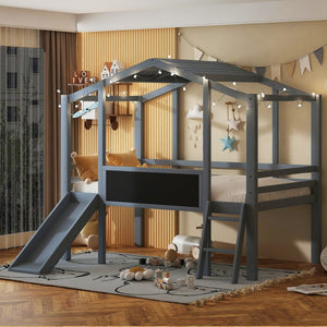 English Elm Twin House Loft Bed with Slide Chalkboard Panel and Led Roofline for Kids Gray WF324323AAE
